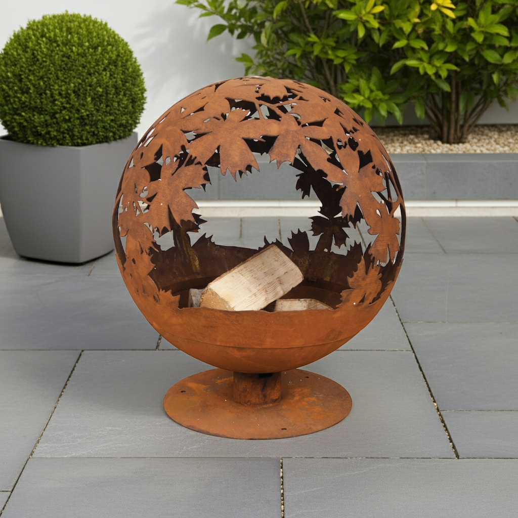 Jet-Line Feuerstelle rund Ø 58 cm – Blattmotiv & Rostoptik – Outdoor Feuerschale aus Stahl