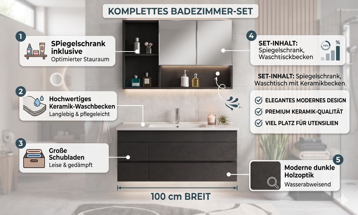 Badset Appenzell schwarz Badmöbel Set 3-Teilig Waschbecken Spiegel + Schrank