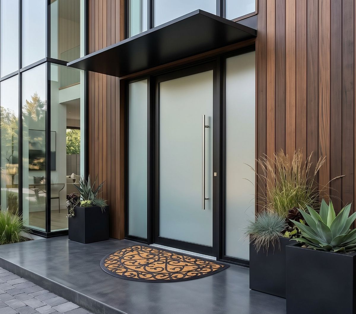 front door, glass door, entryway, mat, modern façade