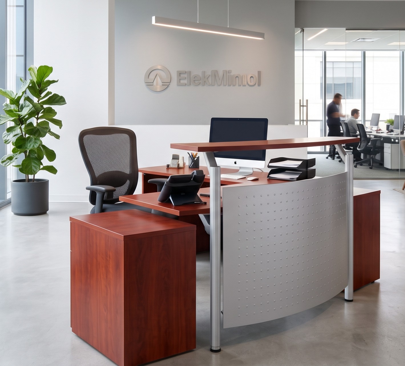 office desk, reception desk, wooden desk, curved metal panel, office chair