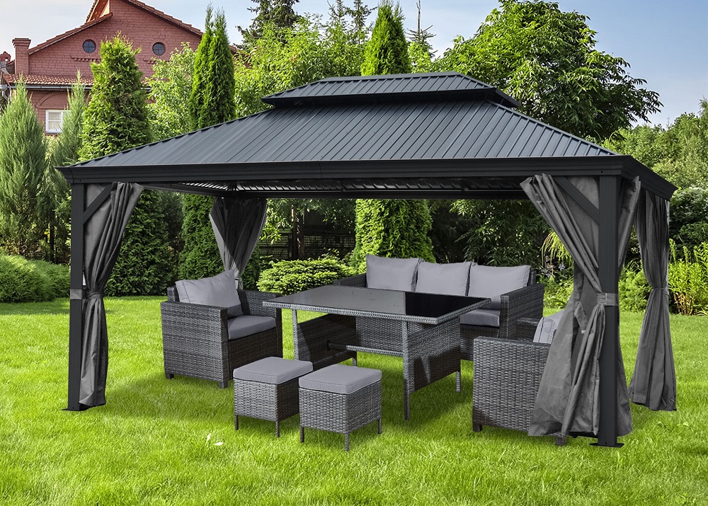 Pavillon Gartenpavillon 3x3,65 anthrazit DAMASKUS aus Aluminium mit festem Dach UV-Schutz
