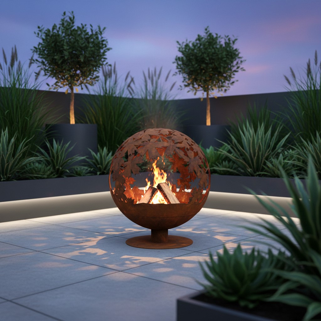 Jet-Line Feuerstelle rund Ø 58 cm – Blattmotiv & Rostoptik – Outdoor Feuerschale aus Stahl