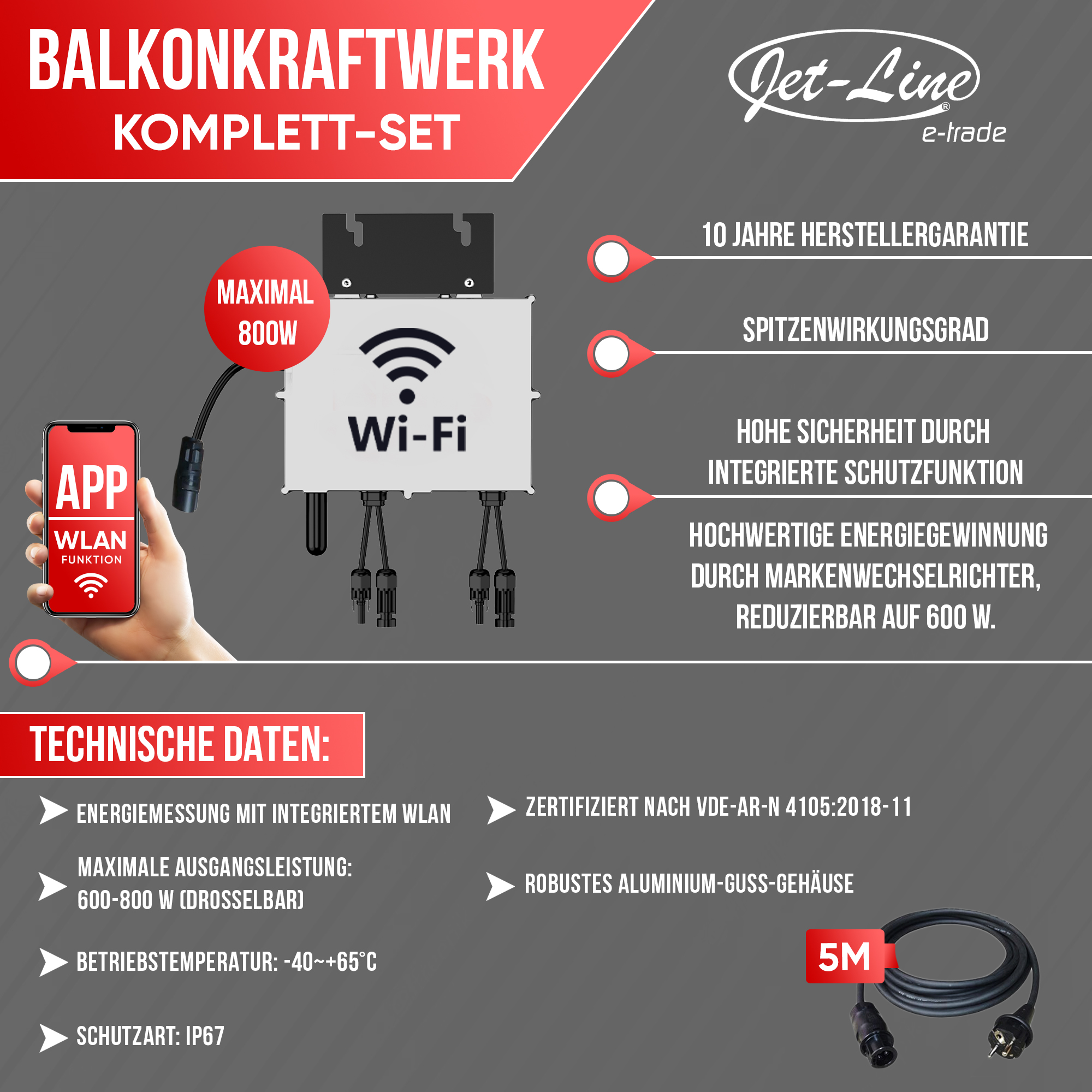 Balkonkraftwerk 900 W 800 W Photovoltaik Solaranlage Steckerfertig WIFI Smart