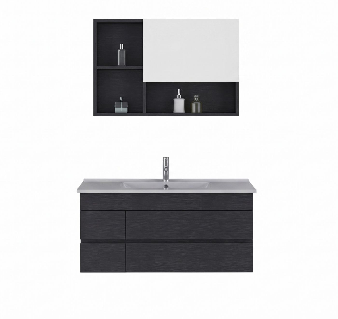 Badezimmer-Wert, montierte Schrankwand, Schubladeneinheit, Beckenwaschbecken, dunkles Holz