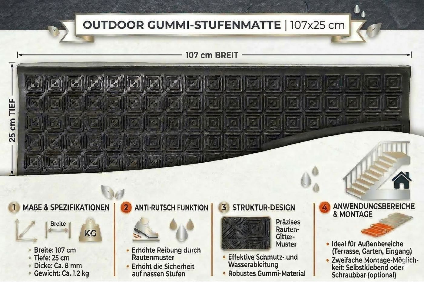 Stufenmatten AMALIA 5er-Set Außenbereiche Treppenmatten Antirutschmatte 25x107 cm