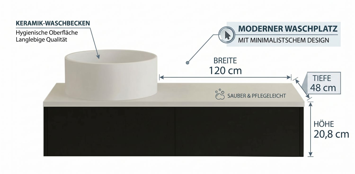 keramik-becken, waschbecken,  minimalistisches design, breite 120 cm, höhe 20,8 cm