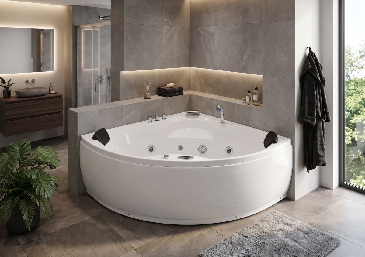 Whirlpool-Badewanne, Eckbadewanne, Weiß, Hydromassagedüsen, Kopfstützen