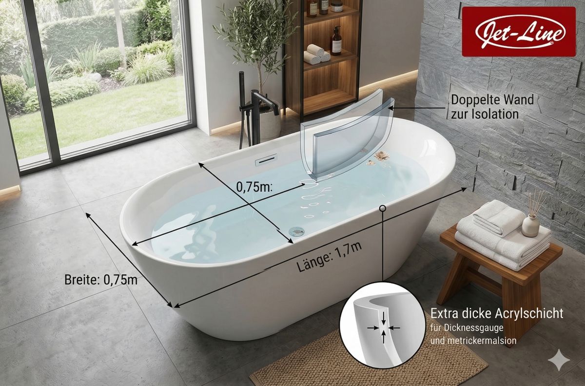 Badewanne freistehend Dehlia  weiss 170x80 cm hochwertiges Acryl 170 x 80 cm