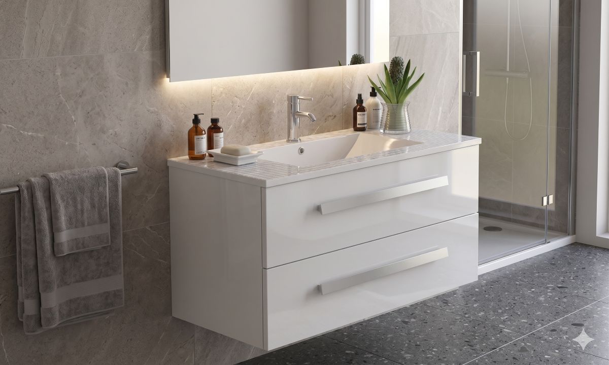 Badset LOCARNO weiss Badmöbel hochglanz Keramik Waschbecken 79.5 cm
