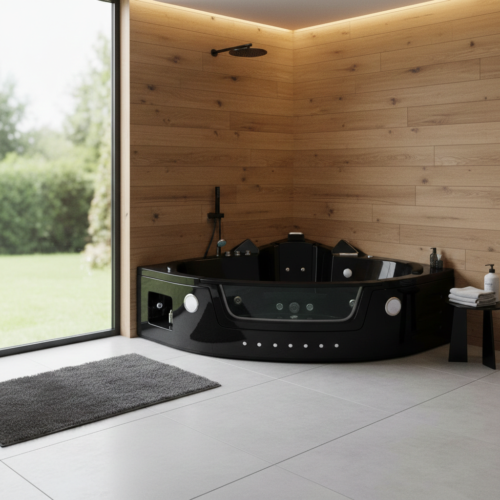 Whirlpool Indoor Spa Badewanne Eckbadewanne VILLA CARLOTTA schwarz 1530 x 1530 mm LED