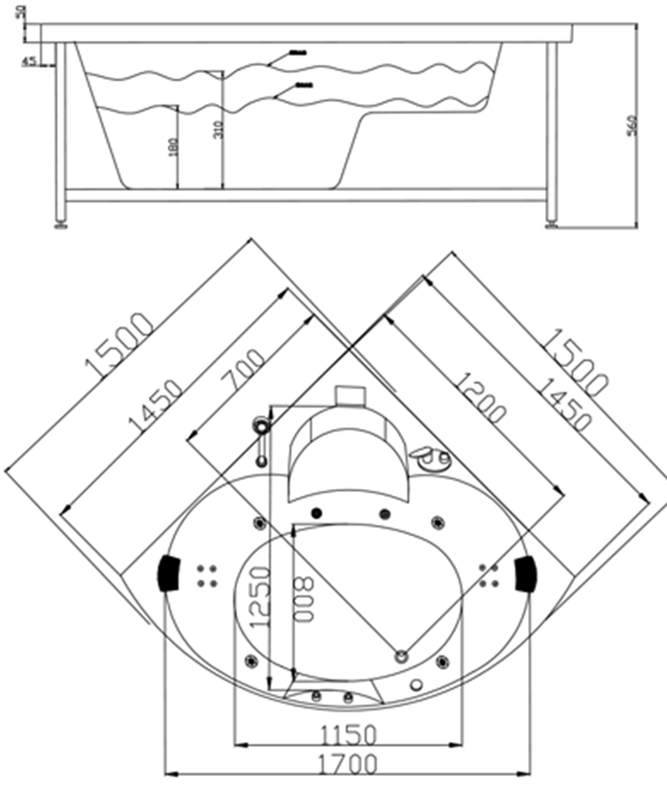 Whirlpool indoor Spa Badewanne VILLA ALICE weiß 150x150cm LED Massagedüsen Home Spa Whirlwanne