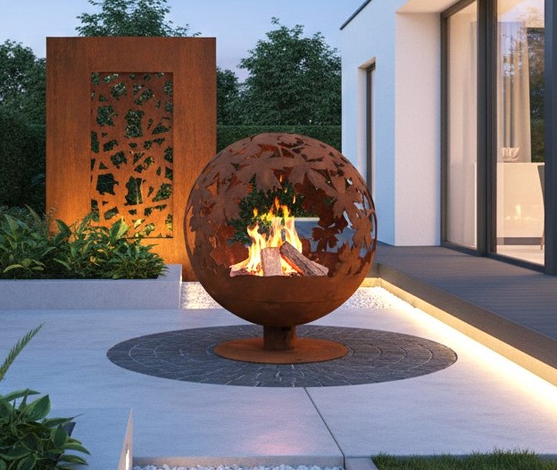 Jet-Line Feuerstelle rund Ø 58 cm – Blattmotiv & Rostoptik – Outdoor Feuerschale aus Stahl