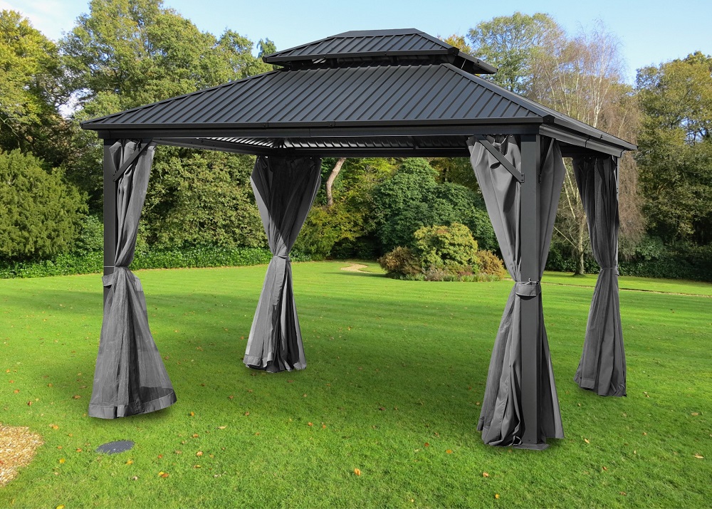 Pavillon Gartenpavillon 3,65x3,65m BAGDAD anthrazit aus Aluminium mit Hardtop aus Metall Sonnenschut