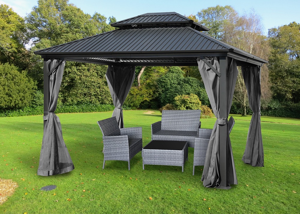 Pavillon Gartenpavillon 3,65x3,65m BAGDAD anthrazit aus Aluminium mit Hardtop aus Metall Sonnenschut