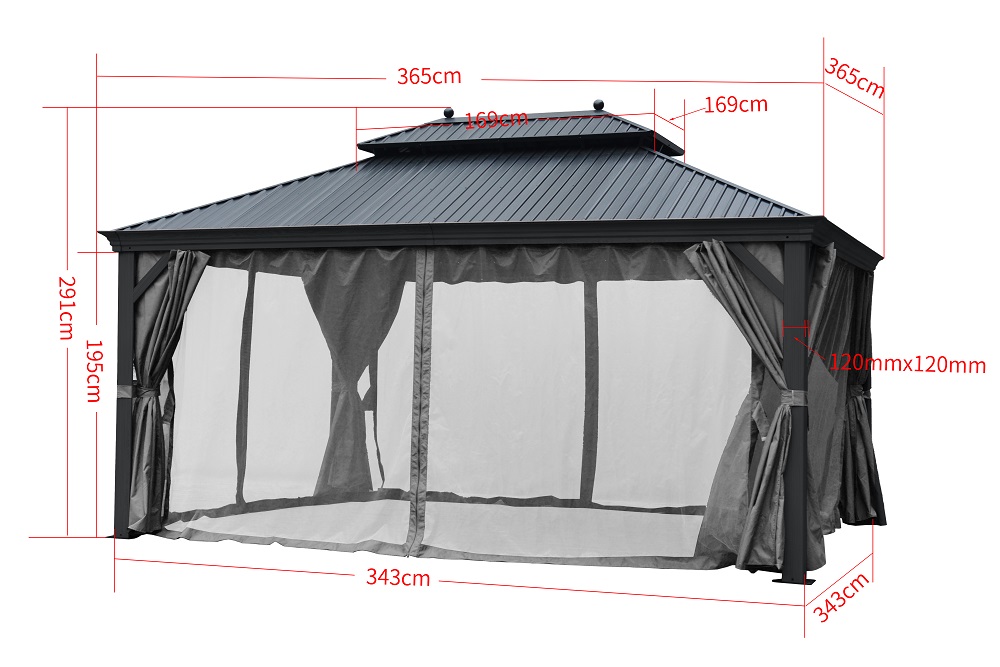 Pavillon Gartenpavillon 3,65x3,65m BAGDAD anthrazit aus Aluminium mit Hardtop aus Metall Sonnenschut