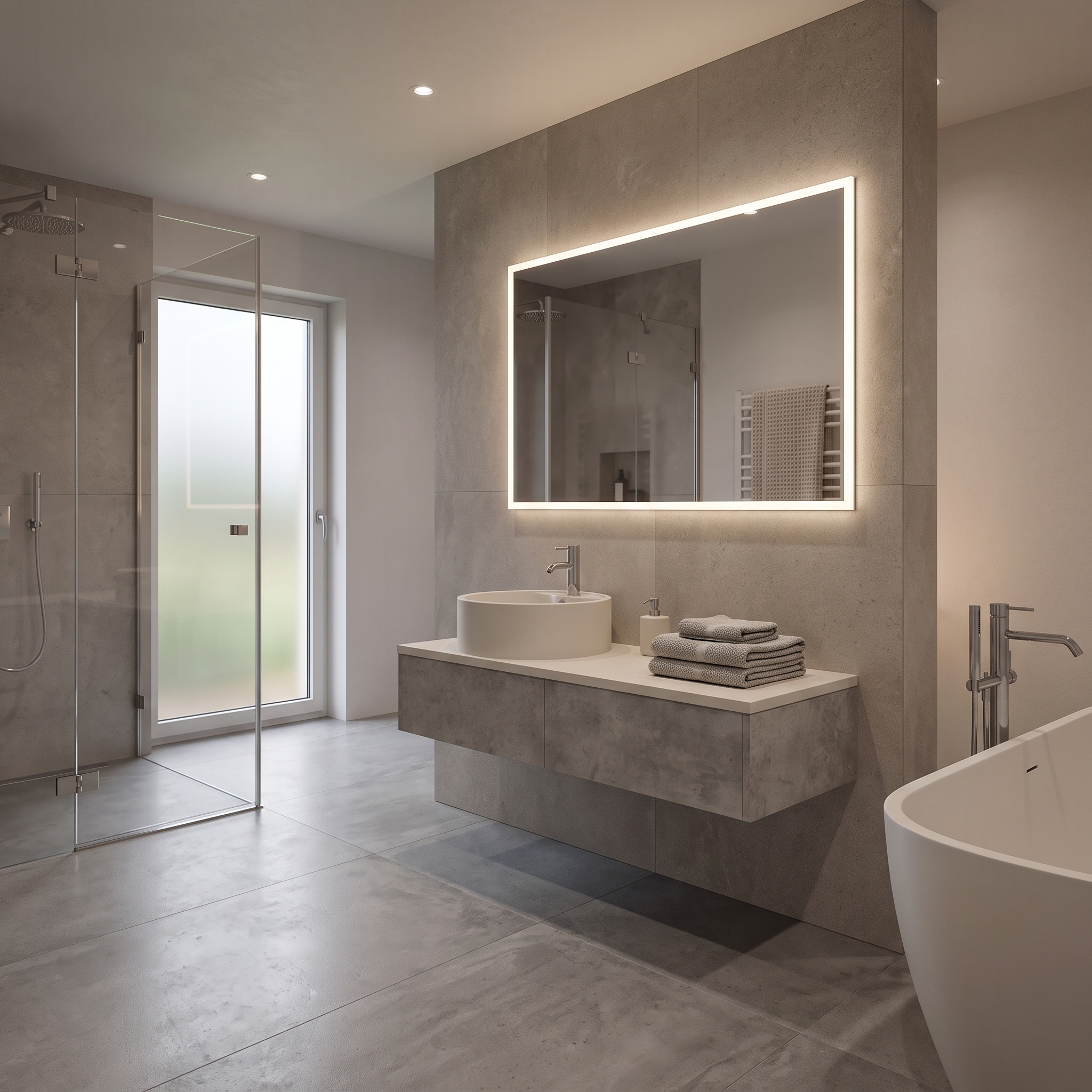 Badezimmer, Waschbecken, Wascharmatur, Spiegel mit Beleuchtung, Badewanne