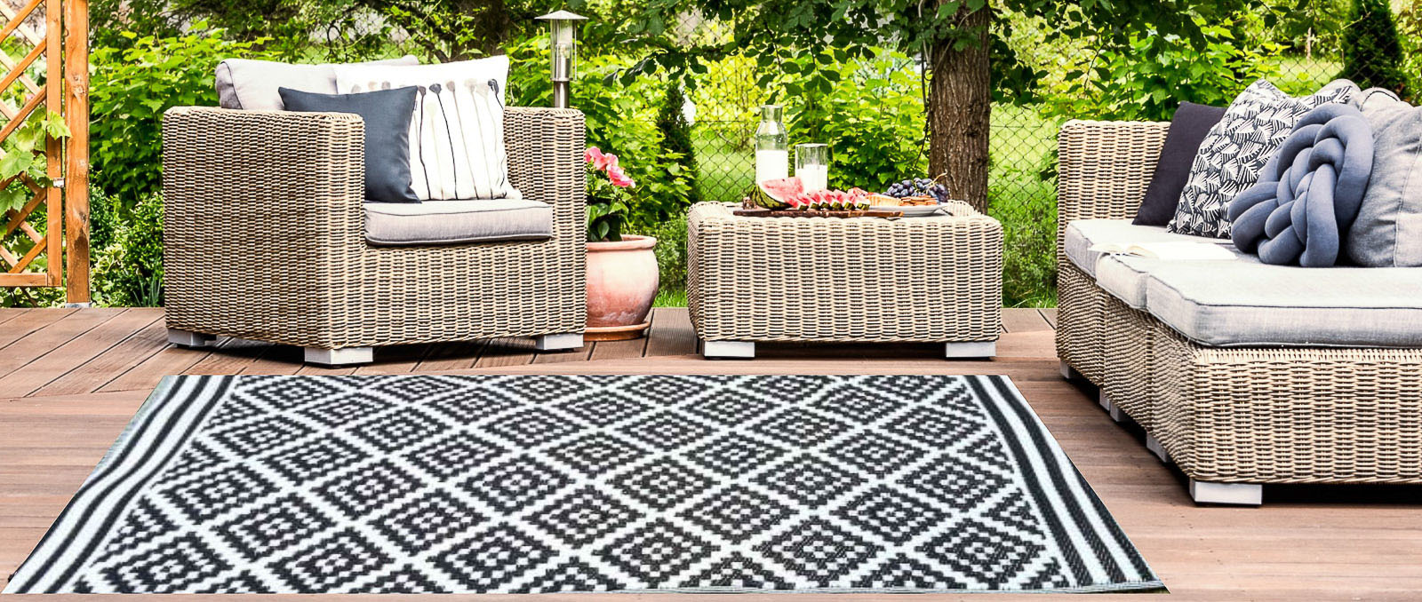Garten Teppich Outdoor Kunststoffteppich AUSTIN schwarz 240 x 300 Terrasse Balkon