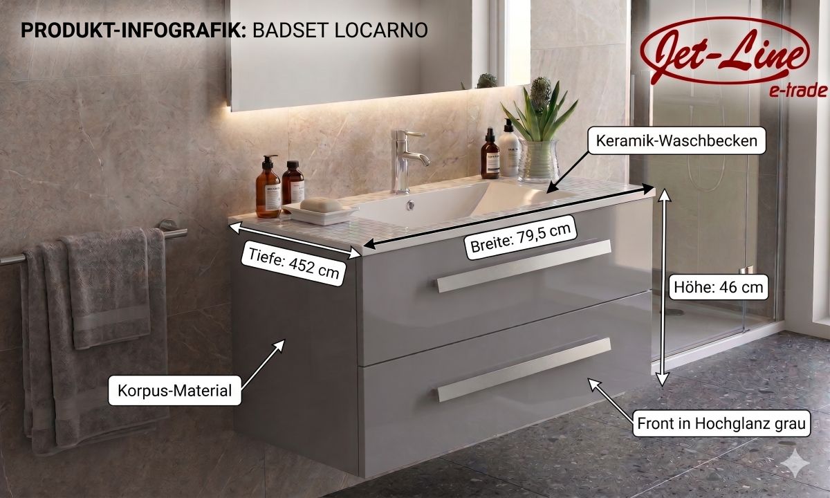 Badset LOCARNO weiss Badmöbel hochglanz Keramik Waschbecken 79.5 cm