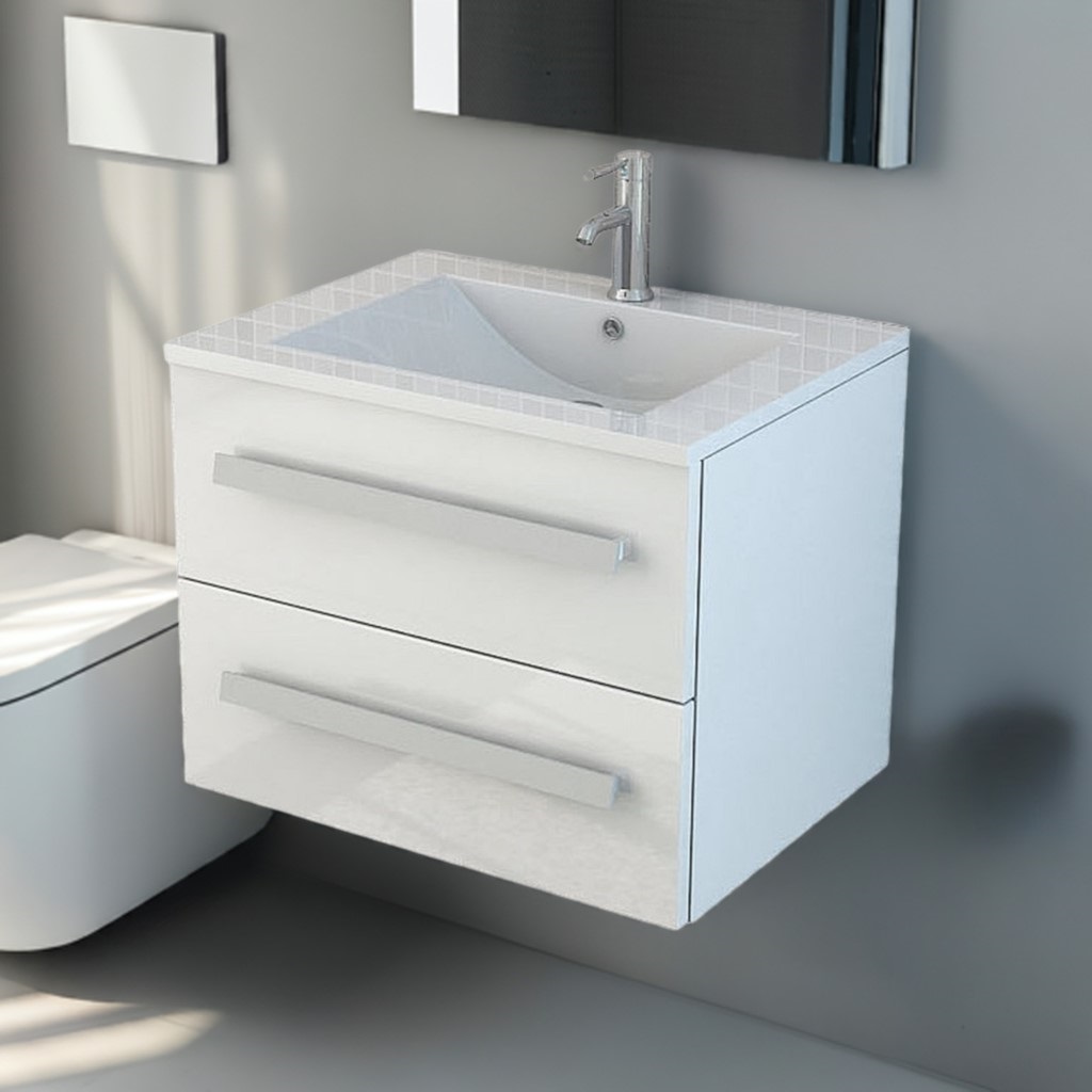 Badmöbel Waschtisch 60 cm breit hochglanz Badset AROSA II weiss Soft Close