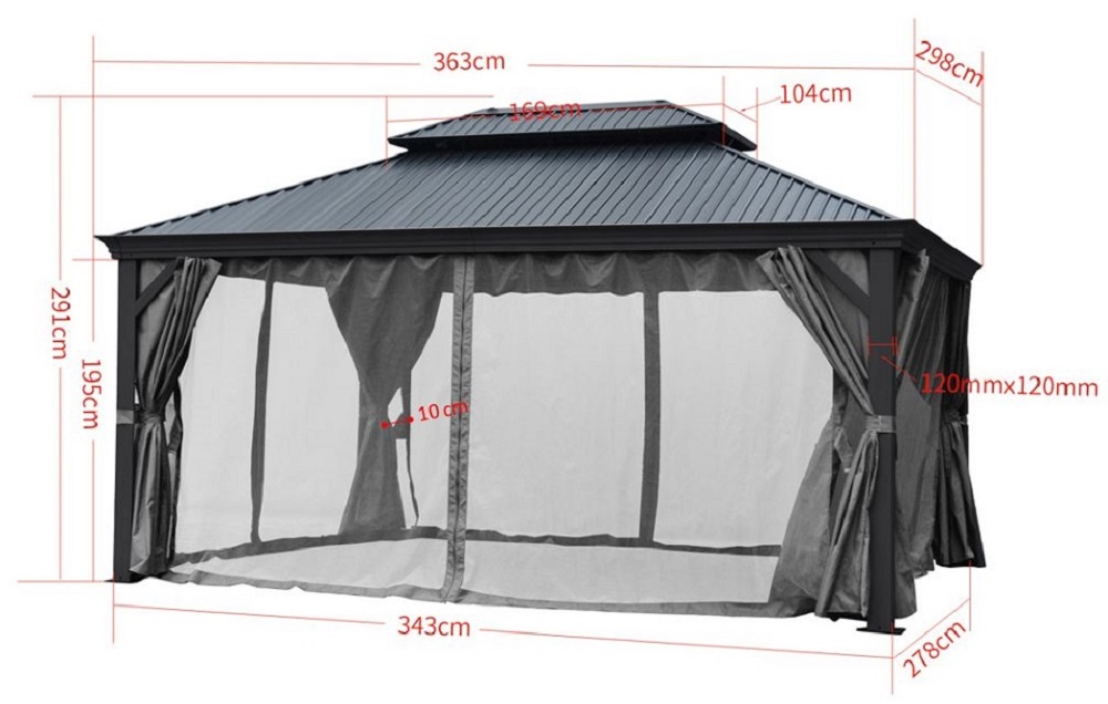 Pavillon Gartenpavillon 3x3,65 anthrazit DAMASKUS aus Aluminium mit festem Dach UV-Schutz